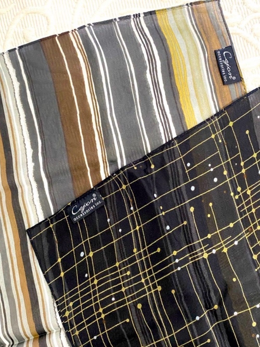 Cejon Neutral Striped and Grid Scarf Duo in Black, Brown, Gray & Gold